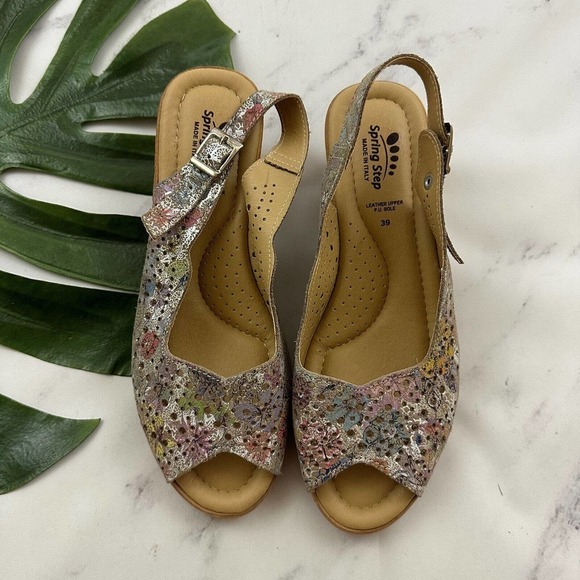 Spring Step Wedge Sandals Size 39 Purple Silver Perforated Leather Sling Back - Picture 2 of 7